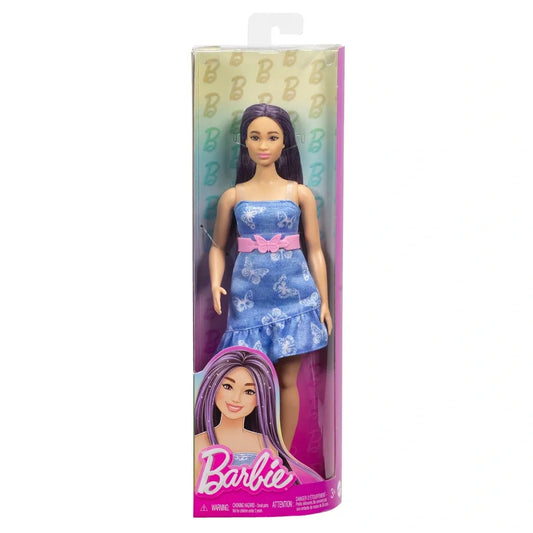 Barbie - Fashionista Doll with Purple Hair - Wearing Strapless Denim Butterfly-Print Dress