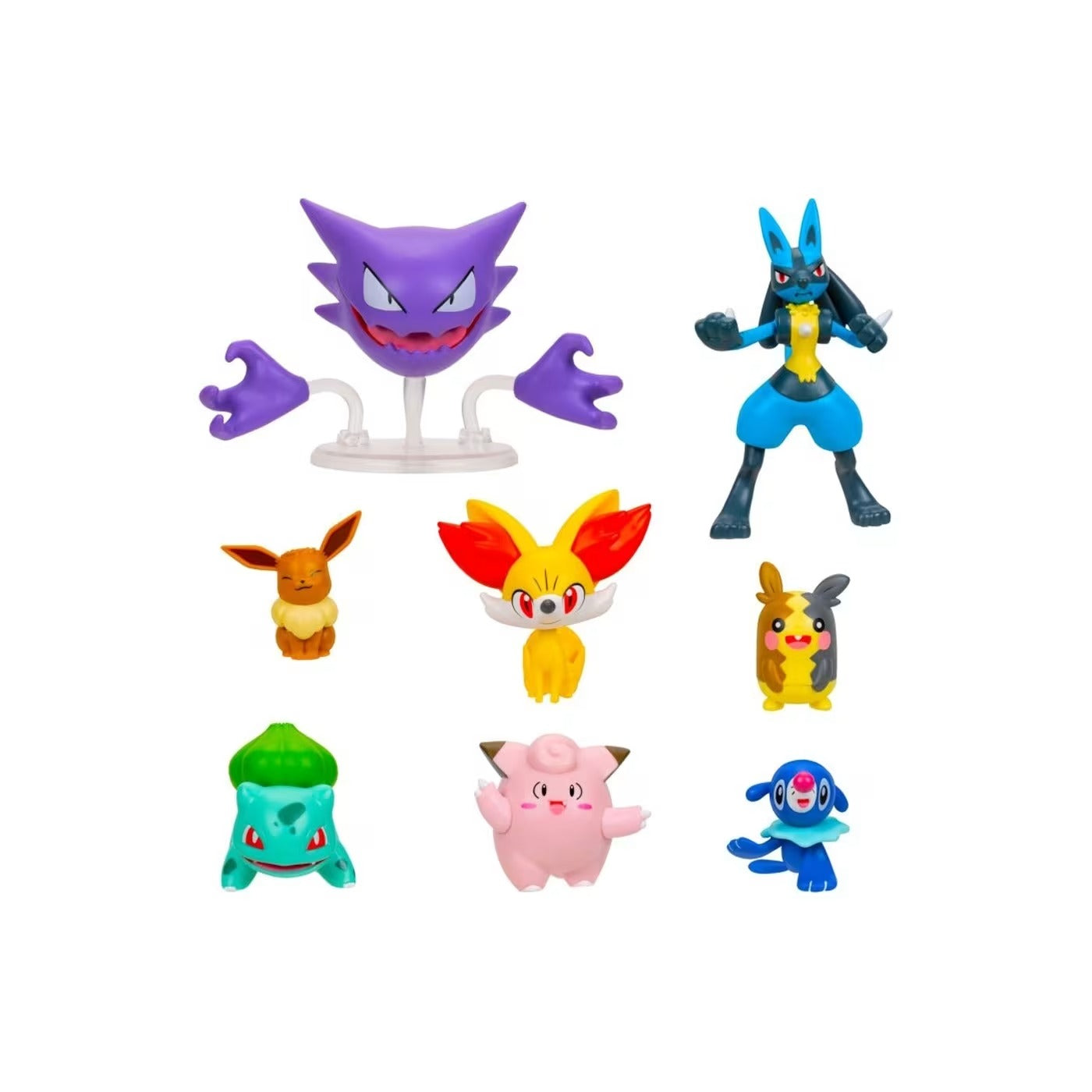 Pokemon - Battle Figures - 8 Pack - ennekin, Clefairy, Eevee, Haunter, Bulbasaur, Popplio, Lucario, and Morpeko