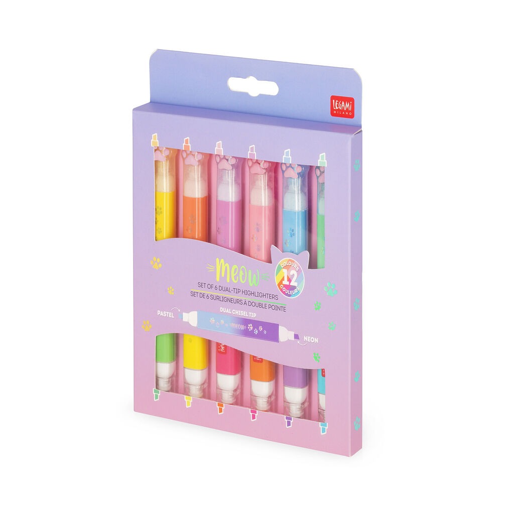 Legami - Set of 6 Kitty Dual-Tip Highlighters - Meow
