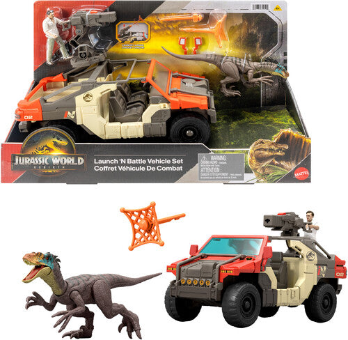 Jurassic World Rebirth - Launch ‘N Battle Vehicle with 1 Human & 1 Raptor Figure