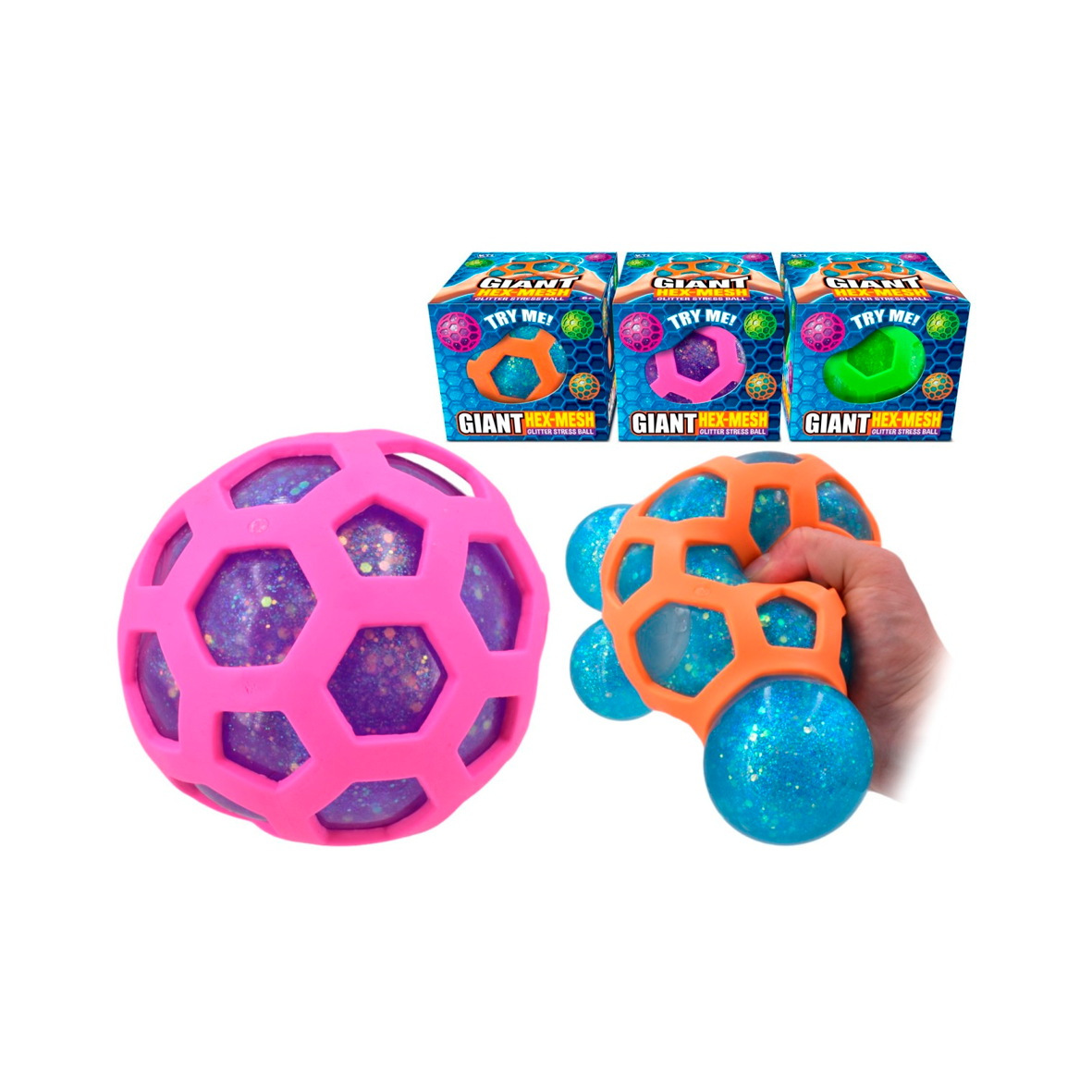 Giant Hex-Mesh Glitter Stress Ball 10 cm (Assorted)