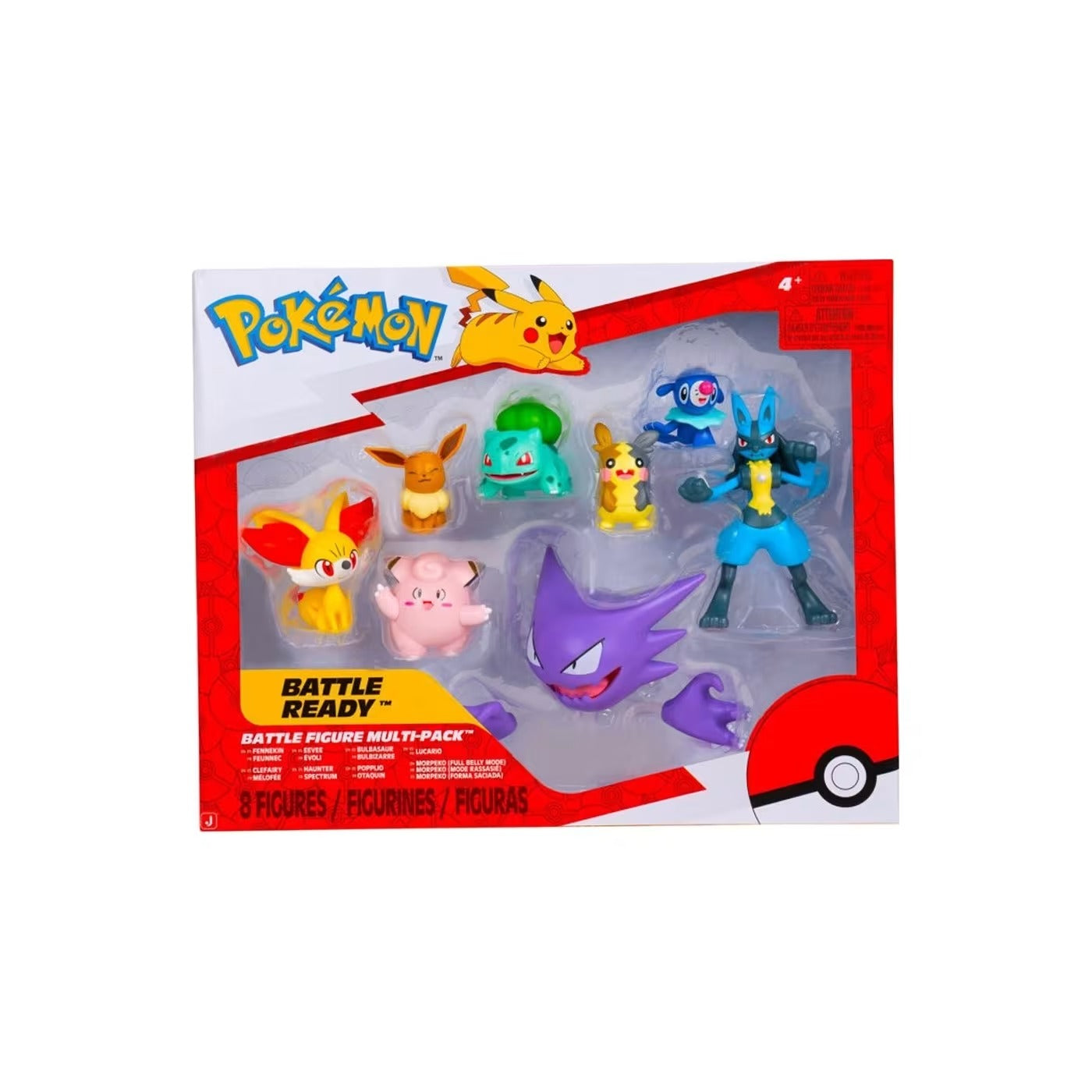 Pokemon - Battle Figures - 8 Pack - ennekin, Clefairy, Eevee, Haunter, Bulbasaur, Popplio, Lucario, and Morpeko